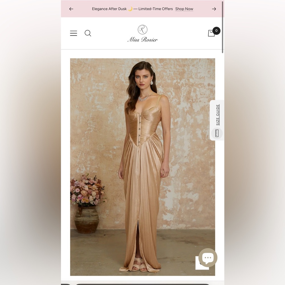 Miss Rosier — Nicoletta Gold Glossy Pleated Corset Maxi Dress